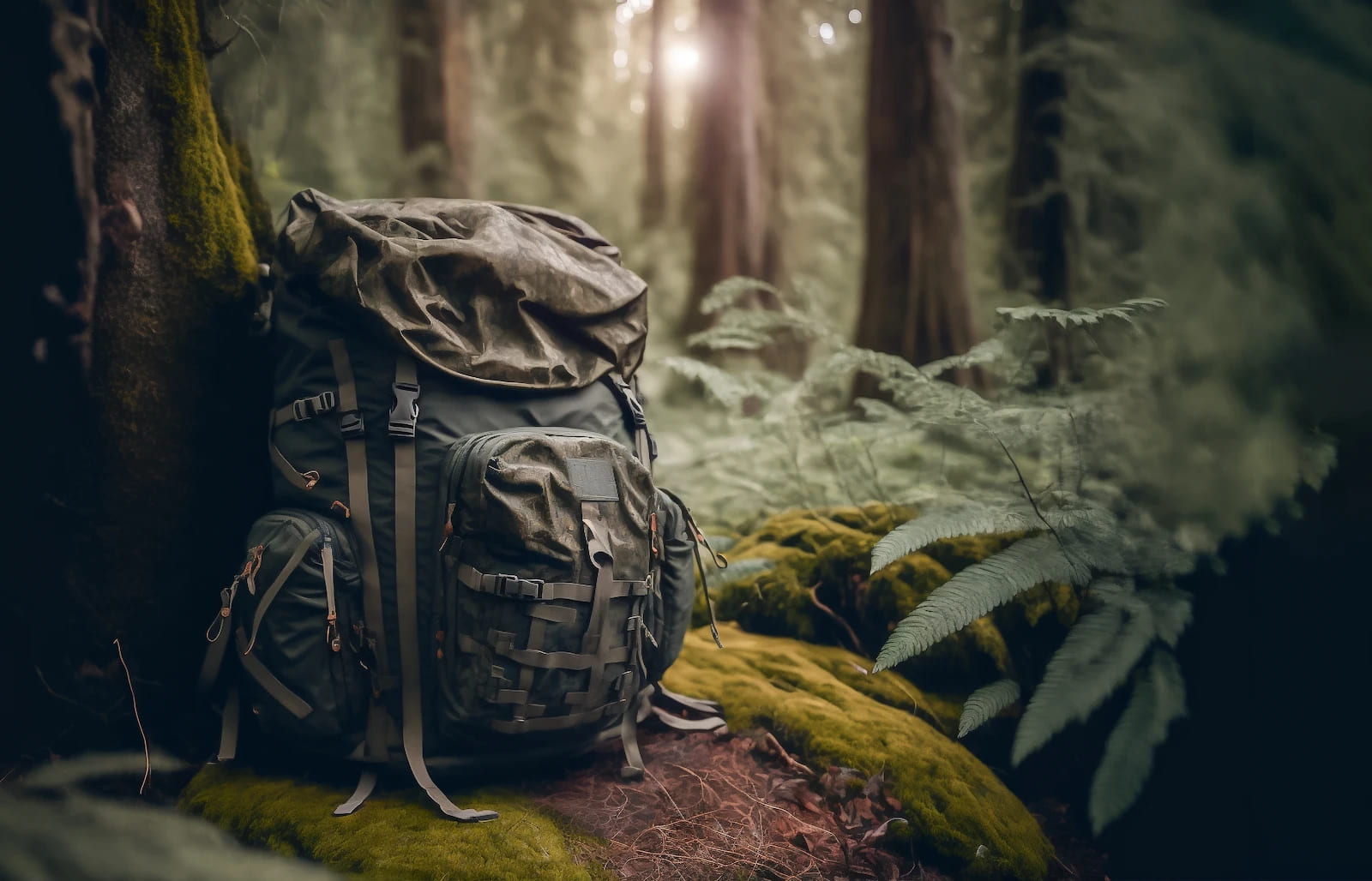 Outdoor Shop Nürnberg - Ein Rucksack steht auf einen vermoosten Stein im Wald.