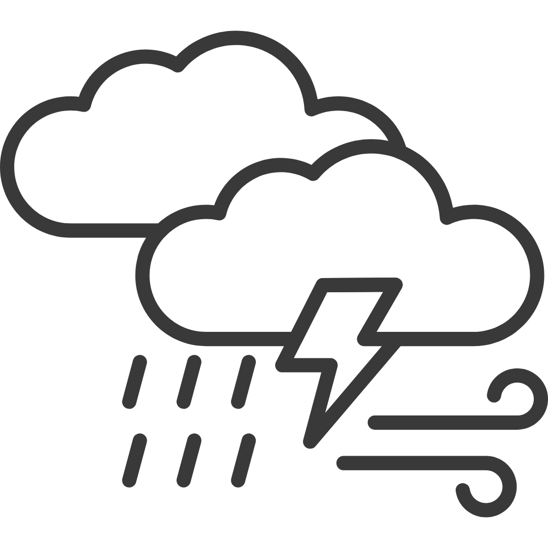 Icon von zwei Wolken mit Wind, Regen und Blitzsymbol.