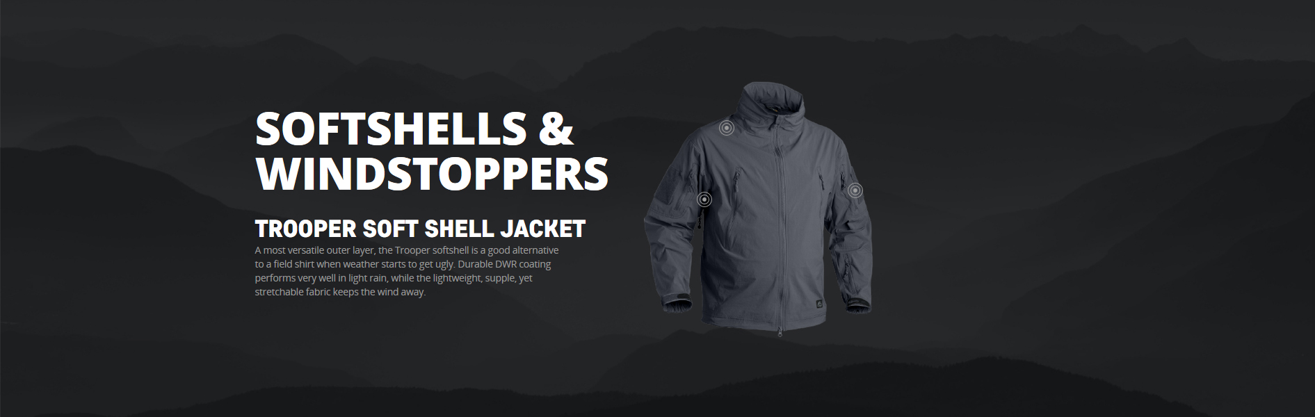 Eine dunkelgraue Softshell Jacke, links daneben der Name und Zusatzinfos in einer weißen Schrift.