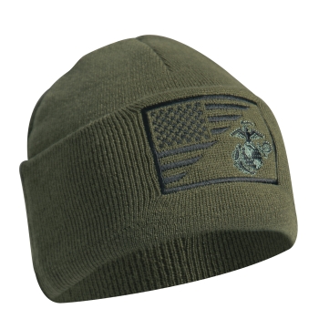 USMC Eagle Globe and Anchor US Flag Knit Watch Cap Oliv Green