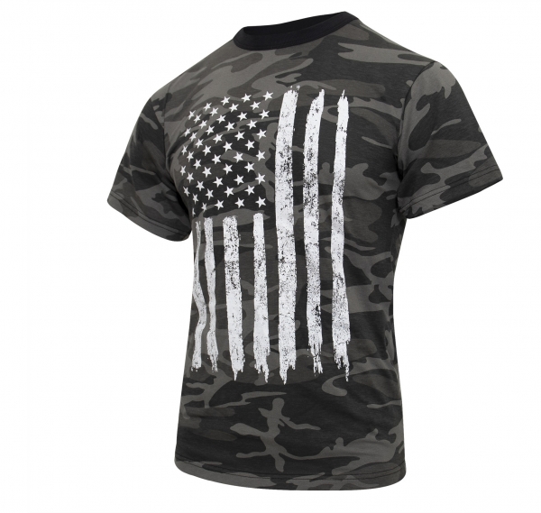 Distressed US Flag Athletic Fit T-Shirt Black Camo