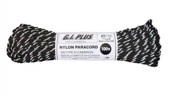 US MADE Parachute Fallschirmleine 550LB NYLON 100 FT / BLACK WITH 3 REFLECTIVE TRACERS