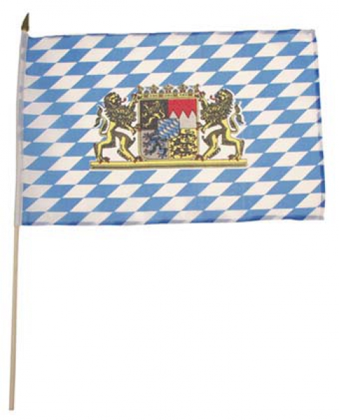 BAYERN Fahne mit Wappen und Holzstiel, Gr. 30x45 cm