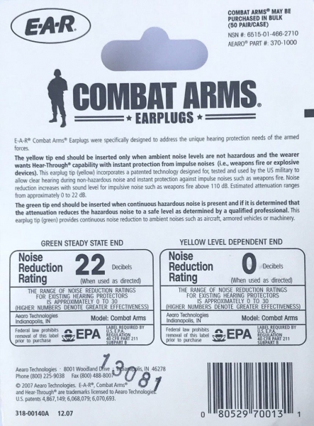 3M E-A-R Combat Arms ear plugs Gehörschutz  NSN 6515-01-466-2710