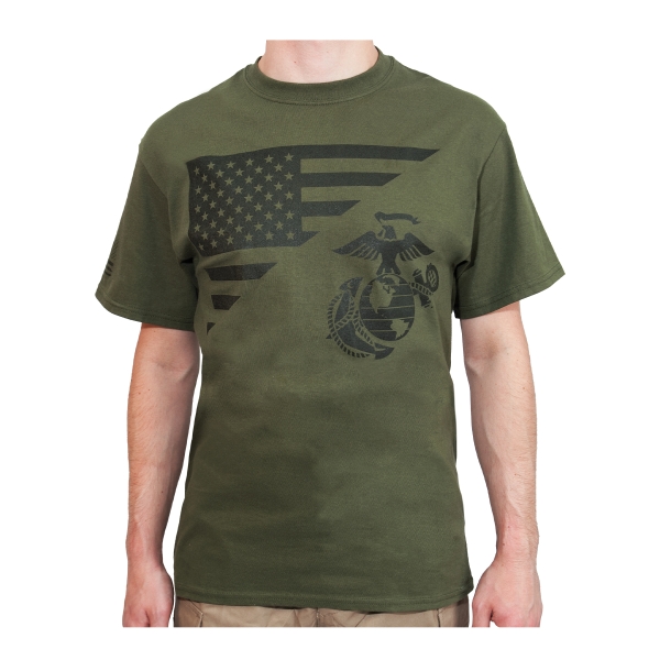 US Flag / USMC Eagle, Globe, & Anchor T Shirt Oliv Drab