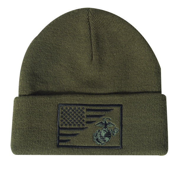 USMC Eagle Globe and Anchor US Flag Knit Watch Cap Oliv Green