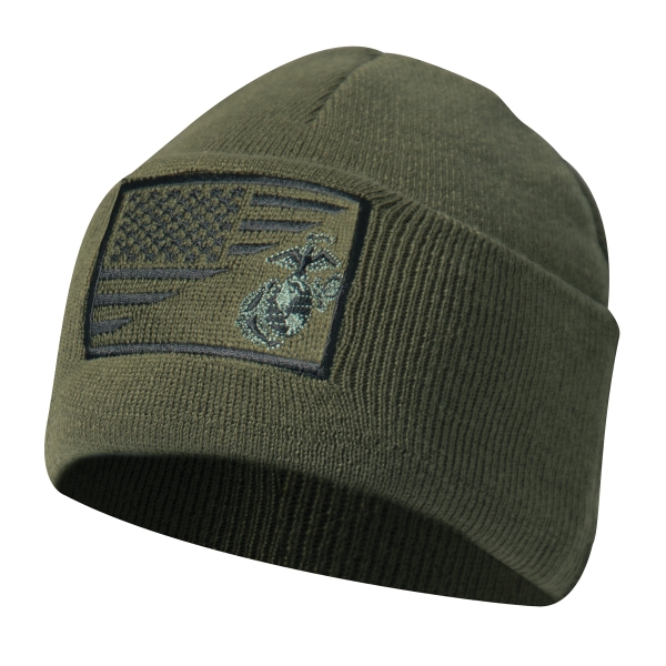 USMC Eagle Globe and Anchor US Flag Knit Watch Cap Oliv Green