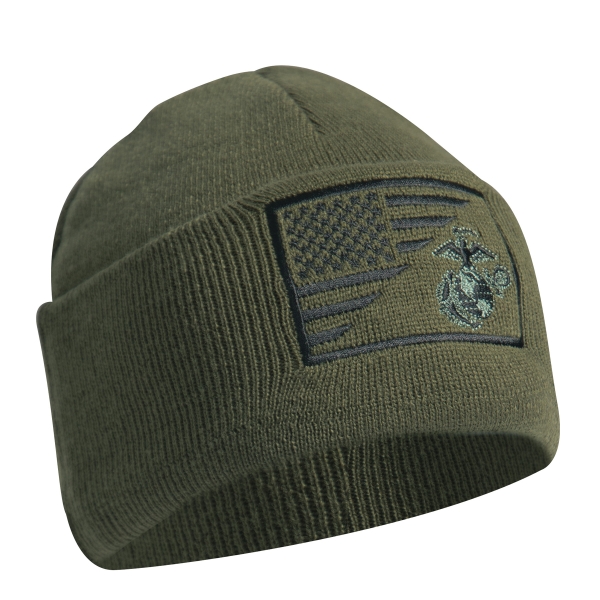 USMC Eagle Globe and Anchor US Flag Knit Watch Cap Oliv Green