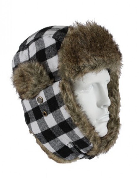 WHITE PLAID FUR FLYER'S HAT