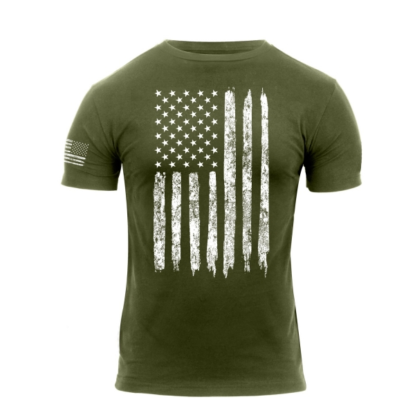 Distressed US Flag Athletic Fit T-Shirt Oliv Drab