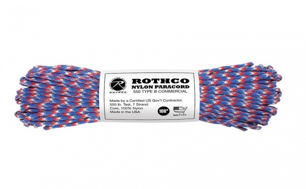 PARACORD 550LB 100 FT RED / BLUE / WHITE CAMO